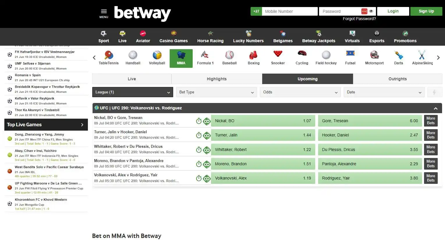 Betway ufc betting