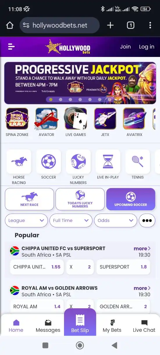 Hollywoodbets Login Form on Mobile