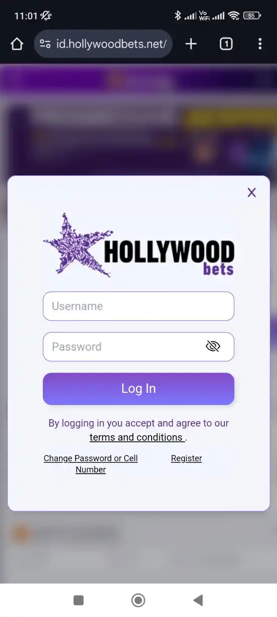 Hollywoodbets Account Login Form on mobile