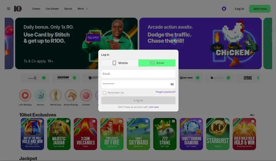 Login at 10bet with an email adress