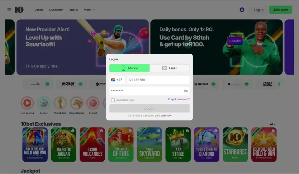 Login at 10bet on mobile
